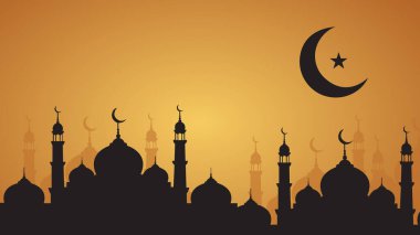 Günbatımında Hilal Ay 'lı İslami Cami Silueti. İslami Tasarım Elemanı.
