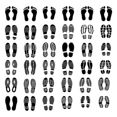 İnsan ayak izleri ve ayakkabı tabanı izleri. Yalınayak, çizme, spor ayakkabı ve yüksek topuk izi vektörü