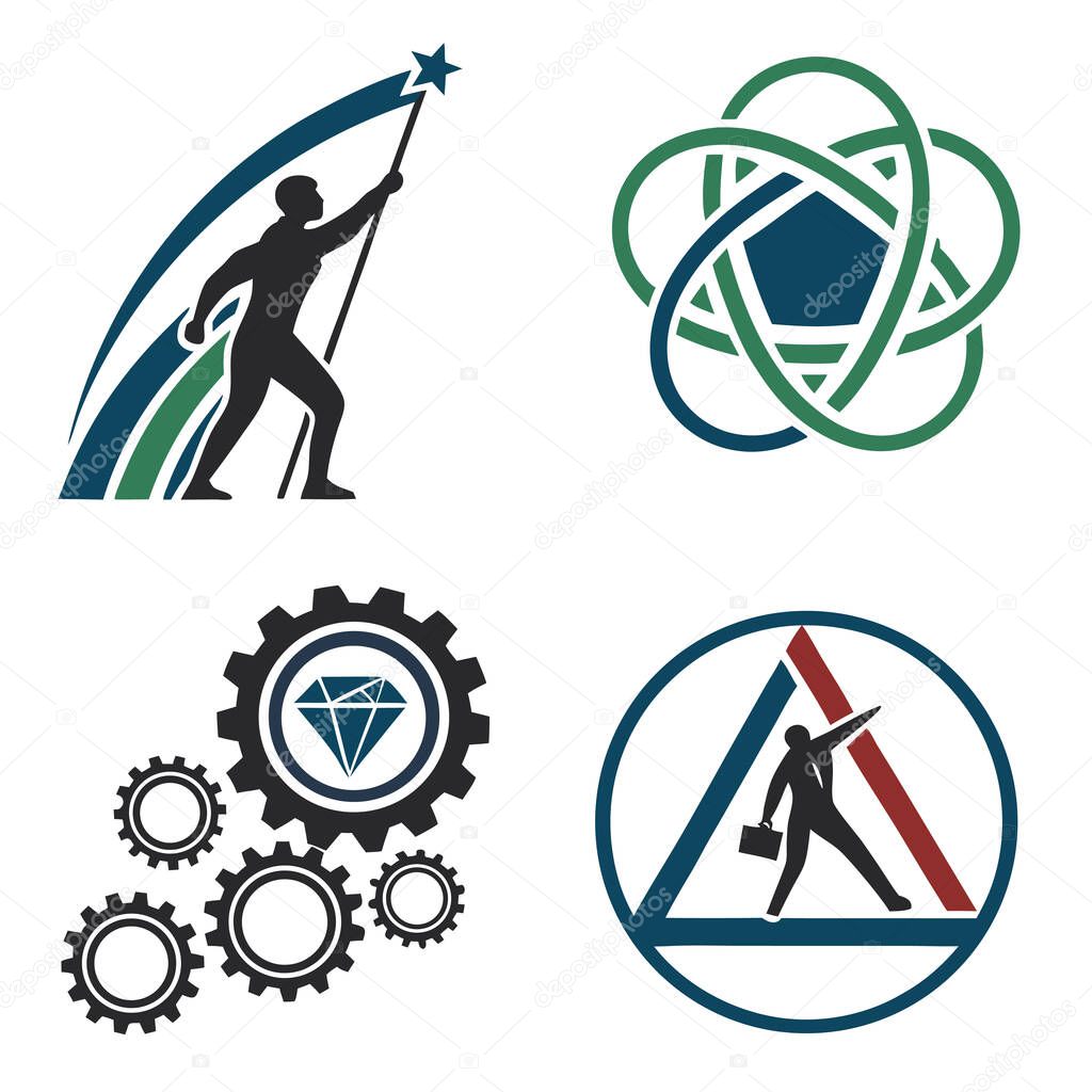 Collection of modern abstract logos featuring business growth, gears, innovation, and success concepts. Perfect for corporate branding, technology, industry, and professional identity design