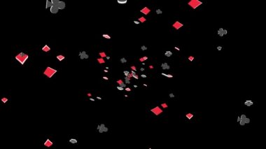 Gazino Gecesi 3D 4k Döngü Animasyon arka planı, bozuk paralar, as kartlar ve parlak arka planda rulet.