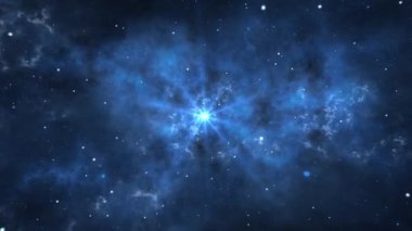 4K Döngü Alanı arka planı. Kamera koyu mavi nebulada uçuyor..