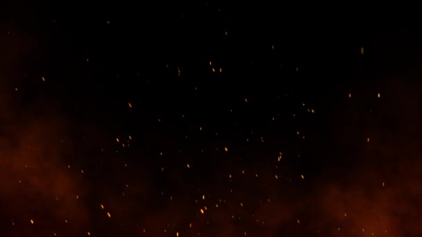 Chispas calientes ardientes rojas que suben de fuego grande en la animación nocturna. — Vídeos de Stock