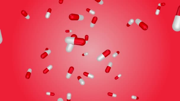 Witte en rode farmaceutische tabletten, capsules en pillen vallen neer op Red loop achtergrond. — Stockvideo