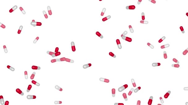 Pills falling down on white background slow motion animation 3D 4K Alpha Channel — Stock Video