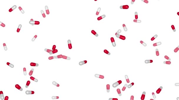 Pills falling down on white background slow motion animation 3D 4K Alpha Channel
