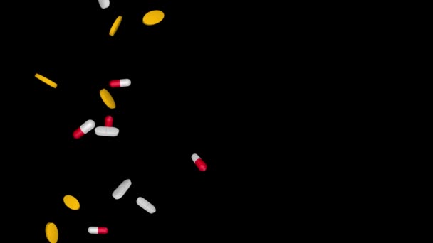 약 티 루프 애니메이션 알약 알약들이 어두운 배경 위로 떨어지다. — 비디오
