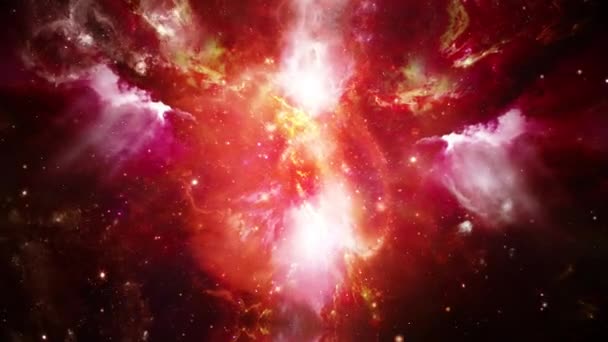 Bulutlarda uçmanın ve uzay bulutlarında gazın parlak kırmızı ışık döngüsüne doğru hareketlendirilmesi — Stok video