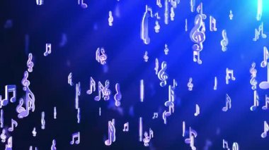 Mavi Müzik Müzikal Sembolleri ve notaları Yağmuru, 4K 3D Döngü Animasyonu Yeni Arkaplan.