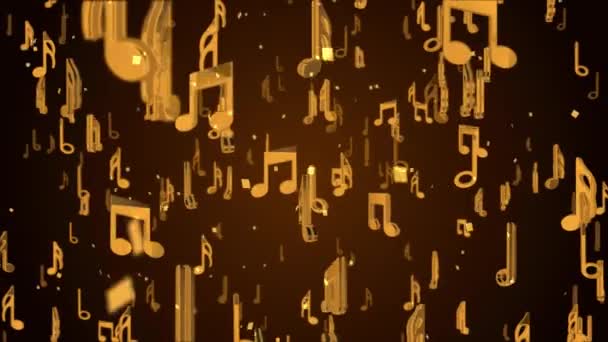 4K Siyah arkaplan üzerinde Altın Renksiz döngü ile müzikal nota sembolleri arasında hareket. — Stok video