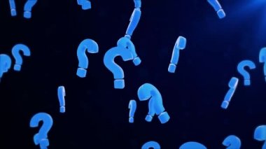 Soru işaretlerinin 4K animasyonu siyah bir döngü arka planında rastgele yüzüyor. Üç Boyut