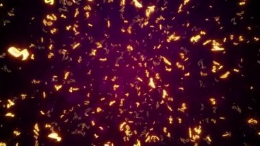 4K Döngü Etkileyici arkaplan notalar, anahtarlar ve renkli ışık huzmeleriyle uçan diğer müzik sembolleri