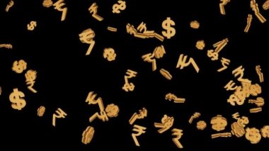 Altın parıldayan animasyon Amerikan Doları, Hint Rupisi, Bitcoin sembolleri Düşen Döngü Arkaplanı.