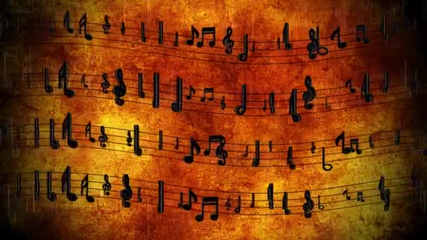Partitury s notami v pohybu Animace smyčky. Nad hudebními liniemi proudí noty. — Stock video