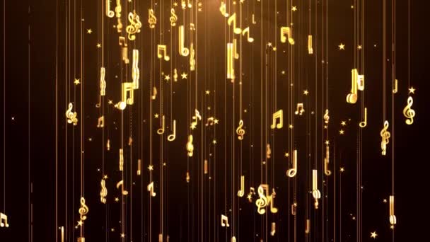 Hangjegy szimbólumok haladnak spirál helikális úton. Arany zenei hurok háttér — Stock videók