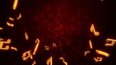 4K 3D Altın Danslı Müzik Notaları Siyah arkaplan etrafında hareket eden notalar içerir.