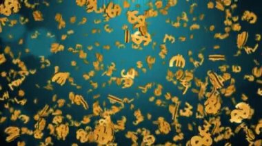 3 boyutlu altın semboller İngiliz pound para birimi, Amerikan para birimi doları, Avrupa para birimi Euro para birimi animasyon döngüsü. 4K