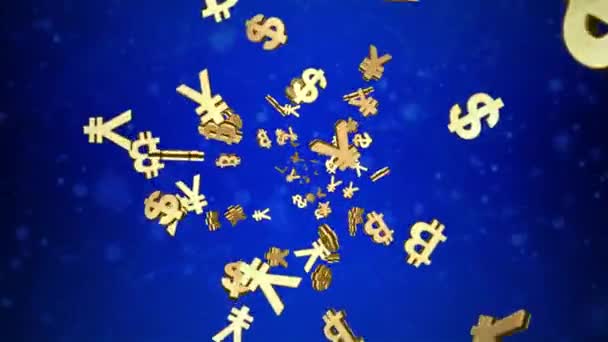 Shiny Golden currency Signs Falling Down in Slow Motion 3D loop Blue Animation 4K Loop Motion Background. — Stock Video