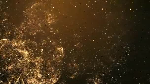 4K Goldpartikel leuchtende Sterne Staub Bokeh Glitzerpreise Futuristisches Glitzern im Weltraum Staub abstrakter Hintergrund. — Stockvideo