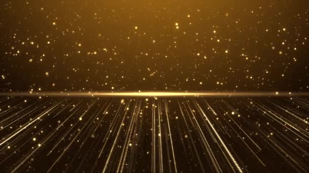Wand aus leuchtend goldenen Glitzerpartikeln Bühne Luxus Raumstrahlen bewegen sich auf dem Boden Schleife. — Stockvideo
