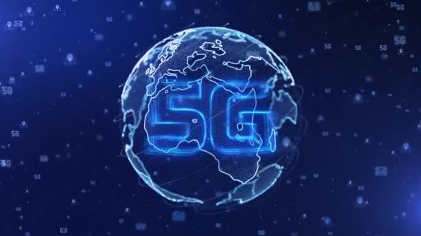 5G BIG DADOS TERRA Azul Mármore trabalho em equipe Nuvens Digitais Globo Terra animação loop rotativo. — Vídeo de Stock