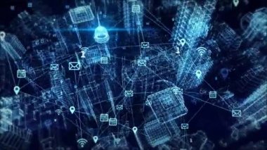 Şehir Döngü arka planında 3D 4K İş ve Topluluk Ağı.