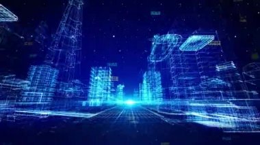 Dijital Siber Şehir hologram döngüsü Animasyon Arkaplanı.