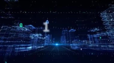 Birçok kristal binanın döngü arka planına sahip bir sanal şehrin holografik üç boyutlu döngüsü..