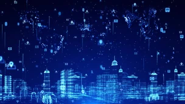 Ciberespaço digital inteligente da cidade 4K 3D, conexões de rede de dados digitais, comunicação global — Vídeo de Stock
