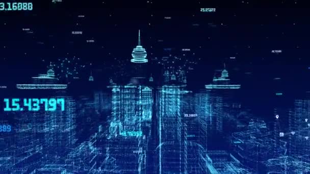 Futuristisch ontwikkelde Smart City. Computernetwerk en data wolkenkrabbers lus Achtergrond — Stockvideo