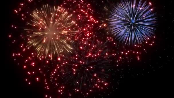 4K สวยงามดอกไม้ไฟหลายสีในท้องฟ้ากลางคืน ปีใหม่ดอกไม้ไฟแสดงการระเบิด — วีดีโอสต็อก