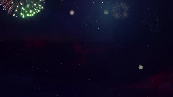 Kleurrijk vuurwerk dat explodeert in Night Sky Loop Animatie Achtergrond. Feestdag. — Stockvideo