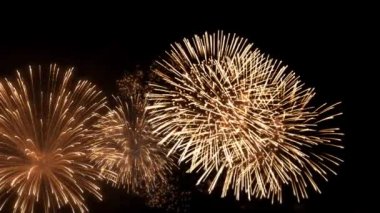 4K Güzel Çok Renkli Havai fişekler Gece Gökyüzünde. Yeni Yıl Havai fişekleri Patlamaları Gösteriyor