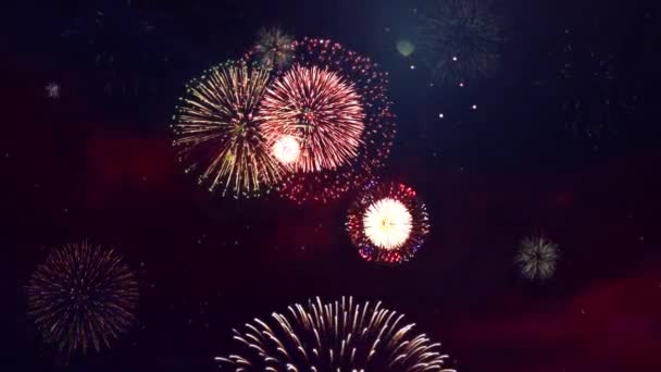 Echtes Feuerwerk 4k auf schwarzem Hintergrund Schleife Himmel auf Futuristisches Feuerwerk Festival Show — Stockvideo