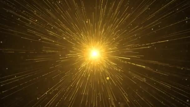 La grafica del movimento mostra particelle d'oro che irradiano luci di sfondo scure mostrano. — Video Stock