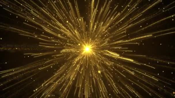 Les lumières d'or d'explosion 4k scintillent. La lumière éclaire. Flare au centre. — Video