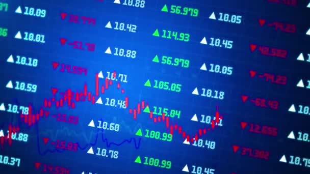 Bakgrund av aktiemarknaden display med gröna, röda och blå aktiemarknaden tickers och diagram. — Stockvideo