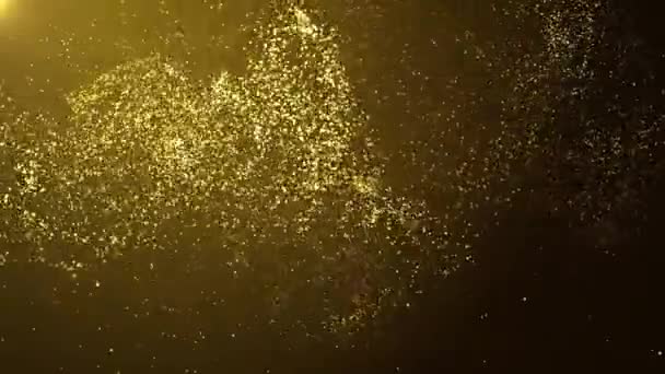 Golden Glitter Funkelndes magisches Licht. Staubpartikel auf schwarzem Hintergrund 4K. — Stockvideo