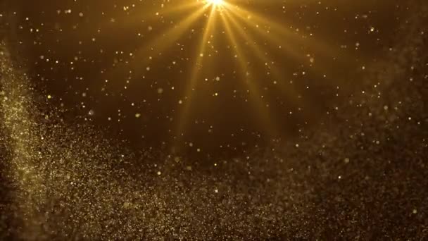 Navidad luz dorada brillo partículas bokeh lazo sobre fondo negro de oro. — Vídeos de Stock