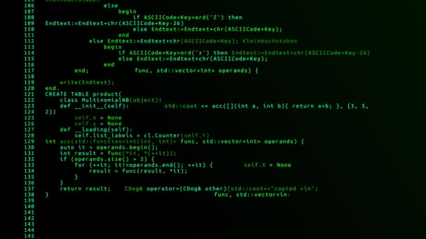 Siyah Ekran Döngü Animasyon Arkaplanı üzerindeki programlama kodu. — Stok video