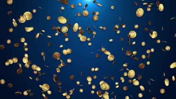 Falling golden coins, Bitcoins, financial growth Blue Loop background. 4k Animation. — Stock Video