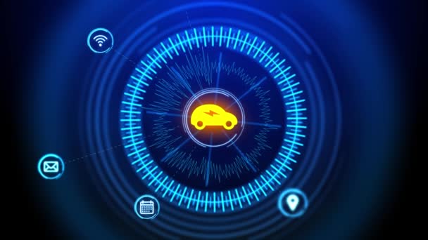 Футуристический автомобиль HUD экран Электрический автомобиль зарядка на зарядной станции электромобильность экологически чистой. — стоковое видео