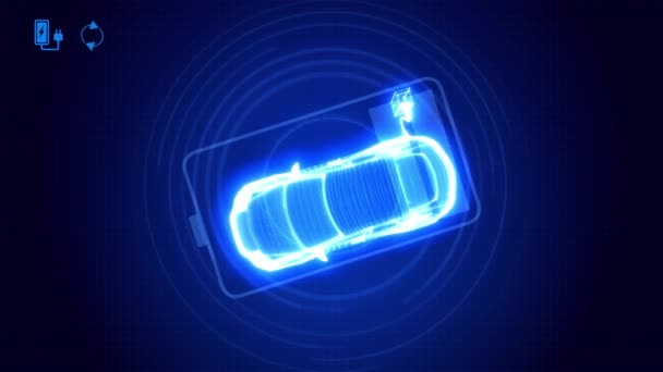Voiture électrique hybride en charge. Ingénieur automobile Voiture écologique connectée et recharge des batteries Animation. — Video