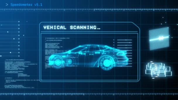 Blue HUD driving car scanning user interface in pixels display background. — Stok Video