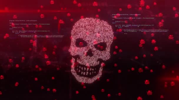 Datorkod på en skärm med en skalle som representerar en dator virus malware attack Loop Animation. — Stockvideo