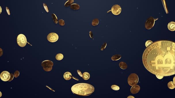 3D Falling gloeiende gouden Bitcoin Slow Motion achtergrond. — Stockvideo