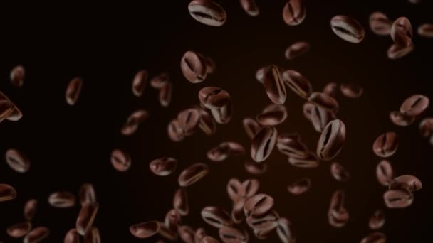 Brown roasted coffee beans falling and flying on black loop Animation green screen background. — Stok video