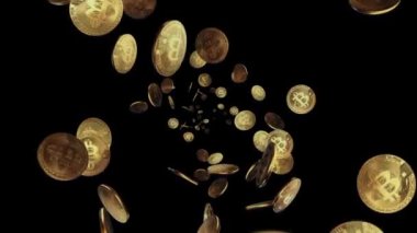 Bitcoin coin symbol Falling on Camera electronic circuit board Loop 4k 3d background.