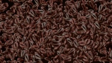 4K 3D Brown roasted coffee beans falling and flying on black loop background.