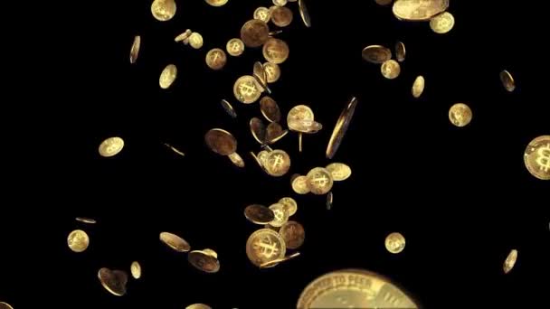 3D gouden munten met BTC Bitcoin teken regen naar beneden Green Screen Loop Animatie Achtergrond. — Stockvideo
