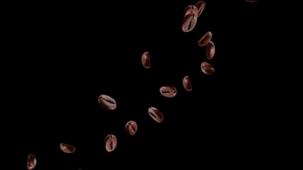4K smyčka létání kávová zrna ve vzduchu izolované na černém pozadí zpomalení. — Stock video